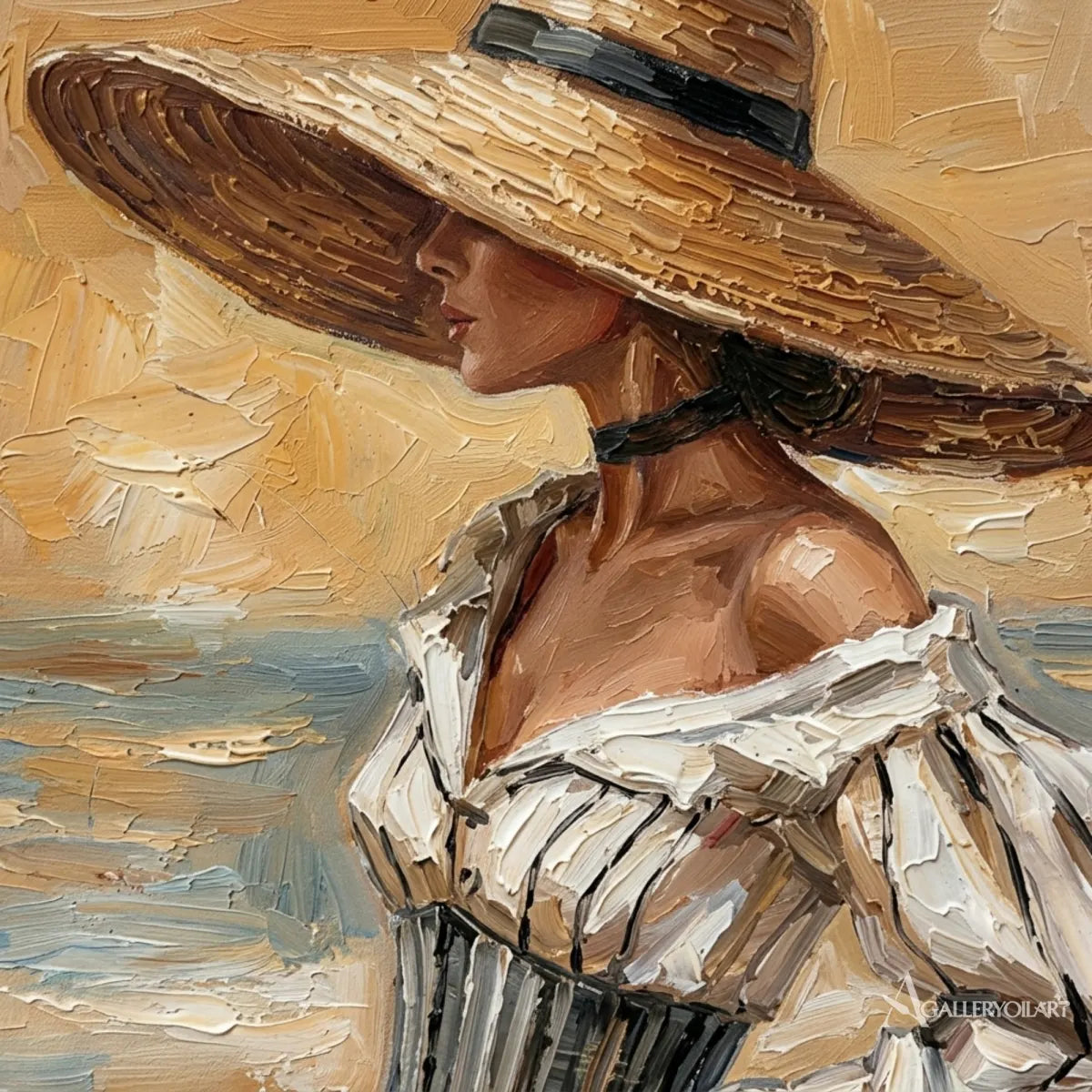 woman-in-a-straw-hat-beside-a-quiet-shore-in-beige-portrait-art-displayed-in-a-painted-detail