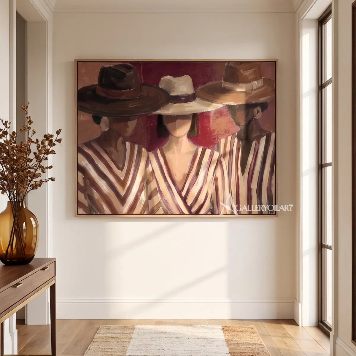 woman-in-a-wide-tan-hat-and-striped-blouse-in-brown-portrait-art-displayed-in-a-corridor