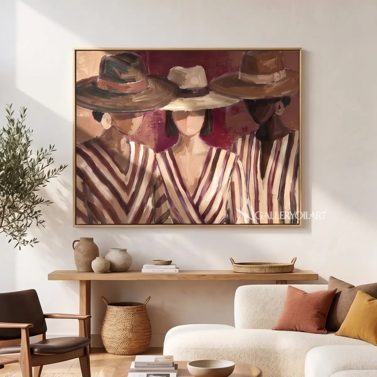 woman-in-a-wide-tan-hat-and-striped-blouse-in-brown-portrait-art-displayed-in-a-double-height-room