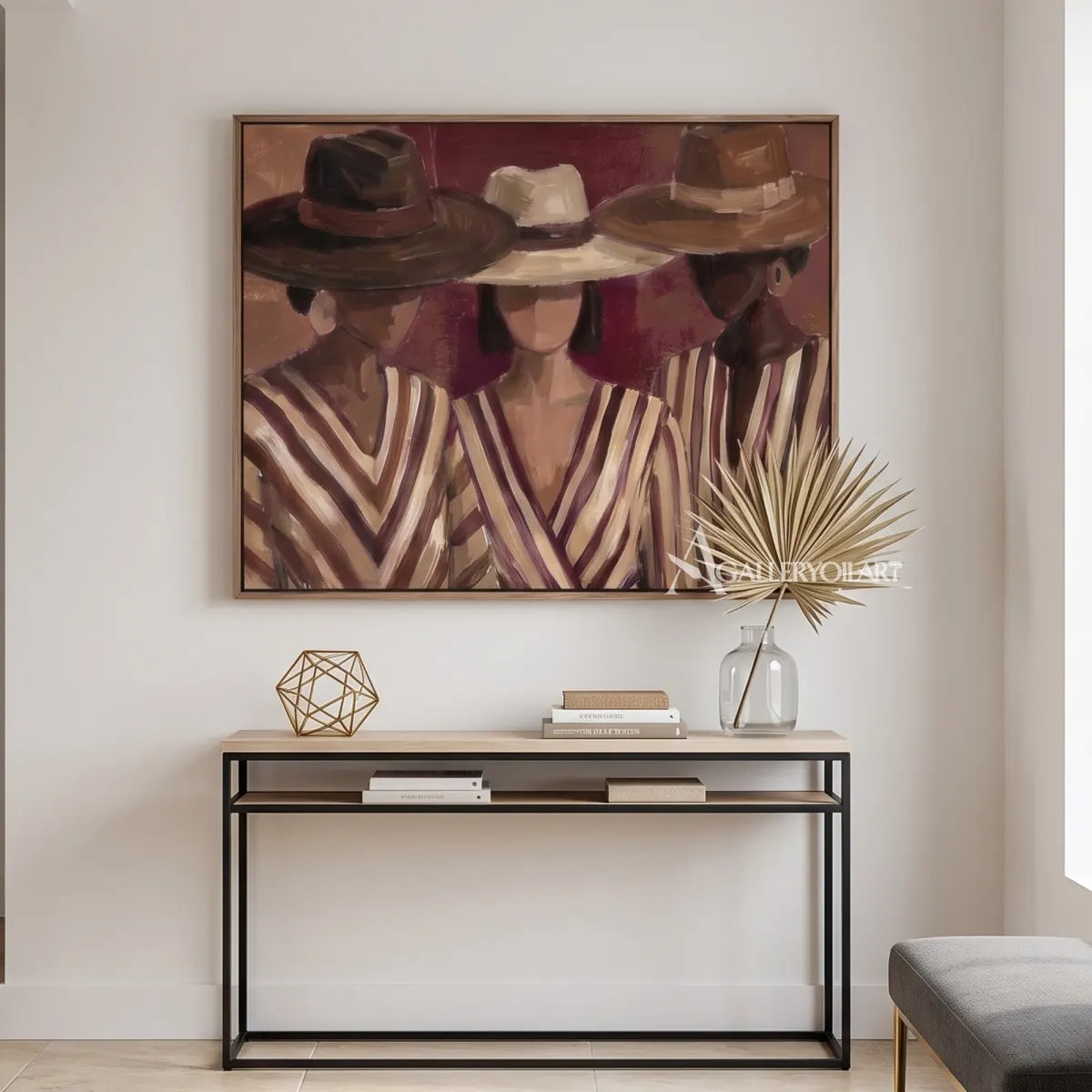 woman-in-a-wide-tan-hat-and-striped-blouse-in-brown-portrait-art-displayed-in-a-entryway