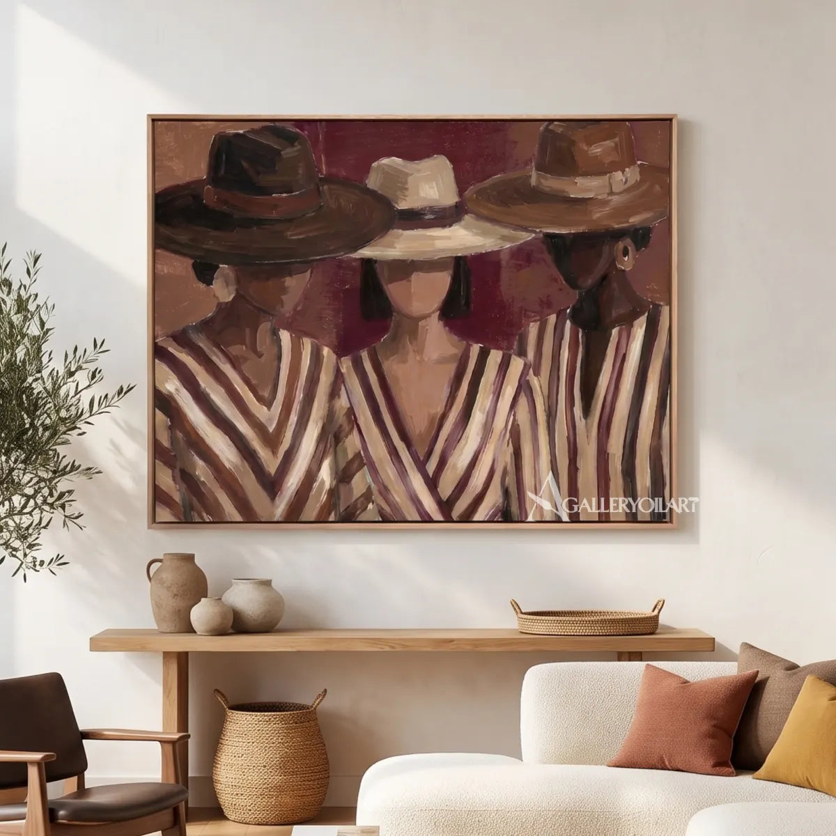 woman-in-a-wide-tan-hat-and-striped-blouse-in-brown-portrait-art-displayed-in-a-gathering-room
