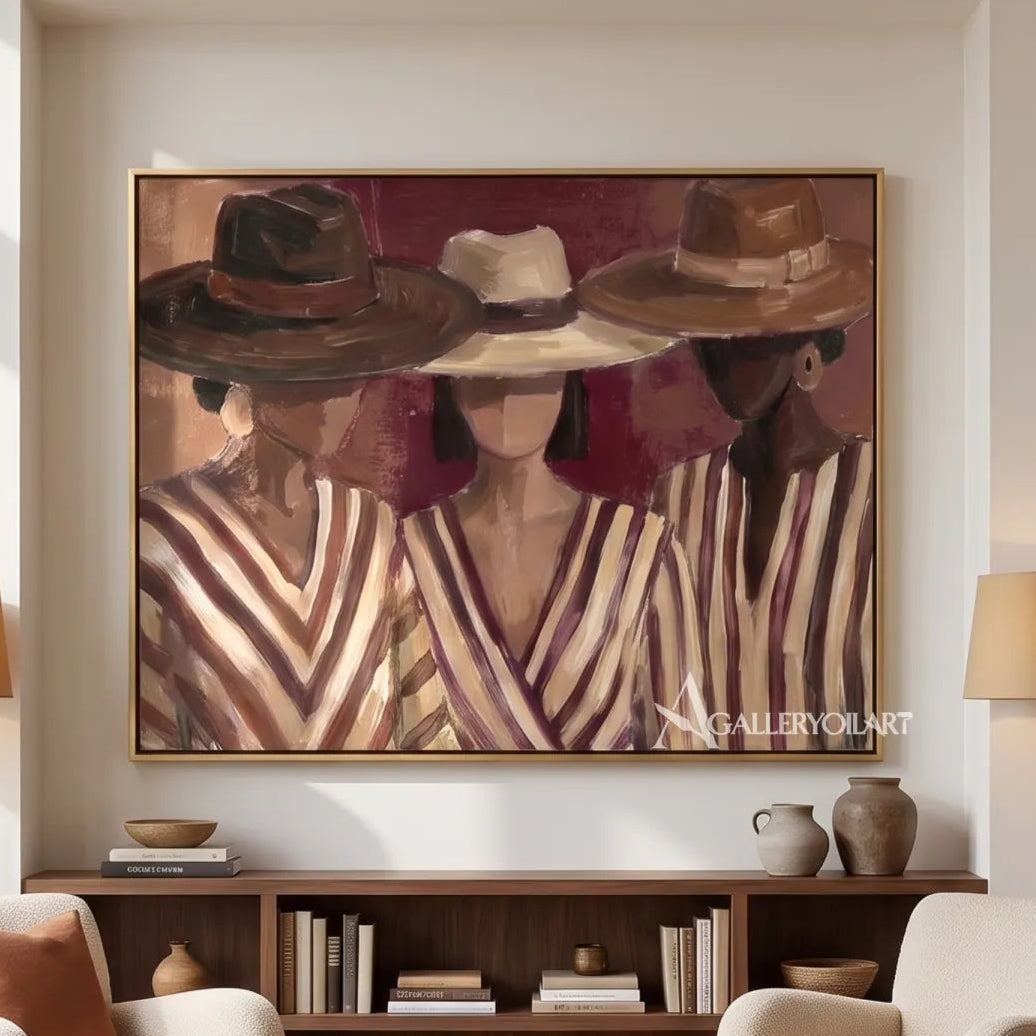 woman-in-a-wide-tan-hat-and-striped-blouse-in-brown-portrait-art-displayed-in-a-private-lounge