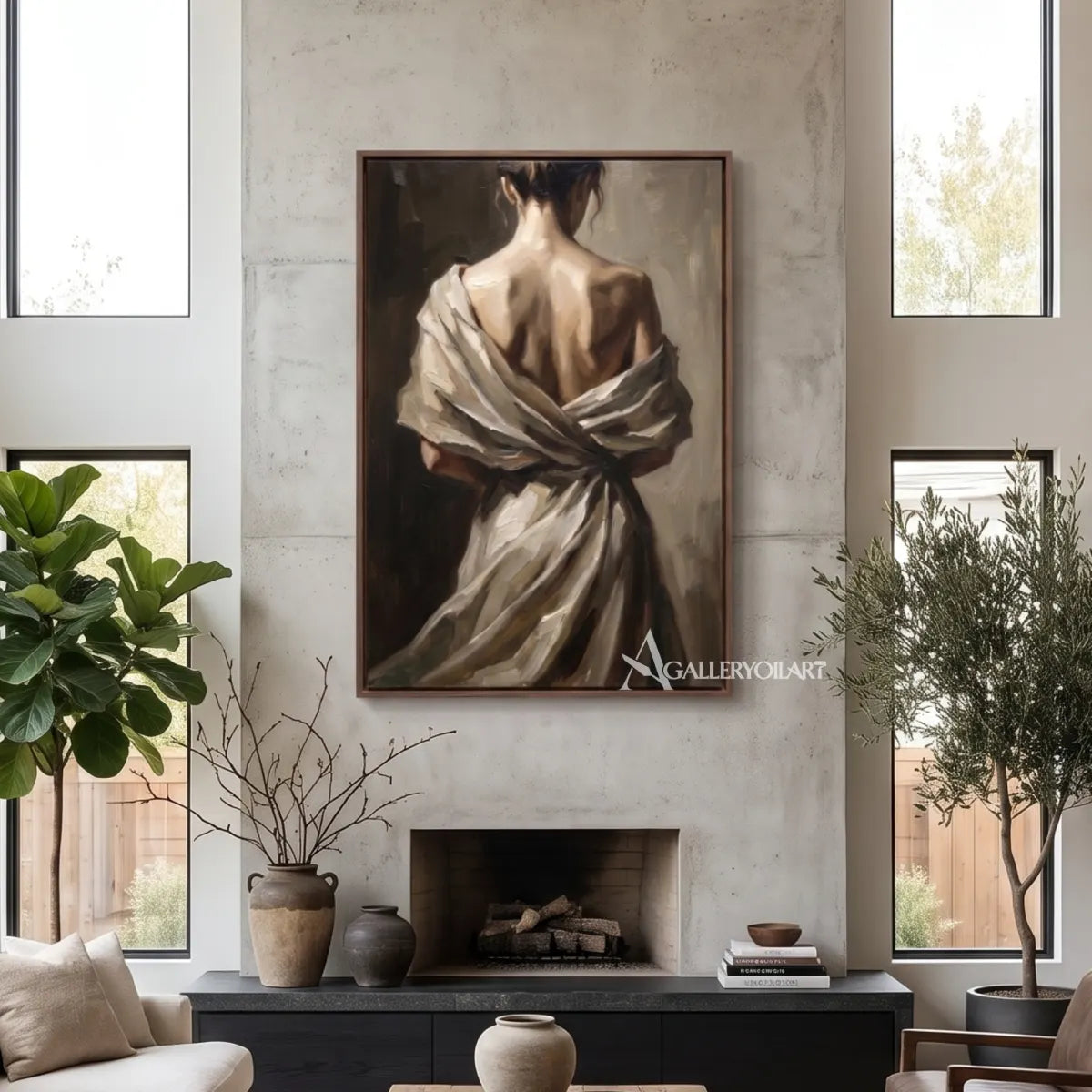 Woman-in-a-draped-light-wrap-portrait-art-beige-and-brown-living-space