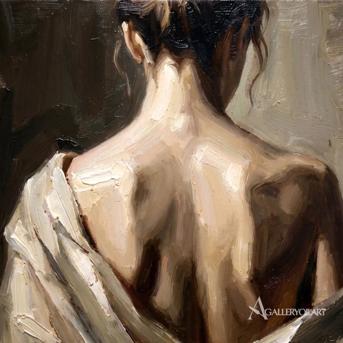 Woman-in-a-draped-light-wrap-portrait-art-beige-and-brown-painted-detail