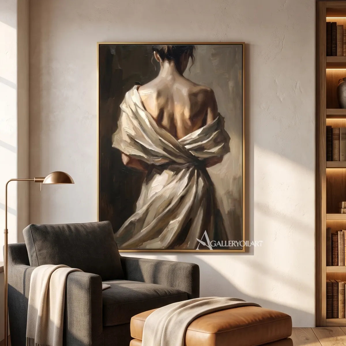 Woman-in-a-draped-light-wrap-portrait-art-beige-and-brown-private-lounge