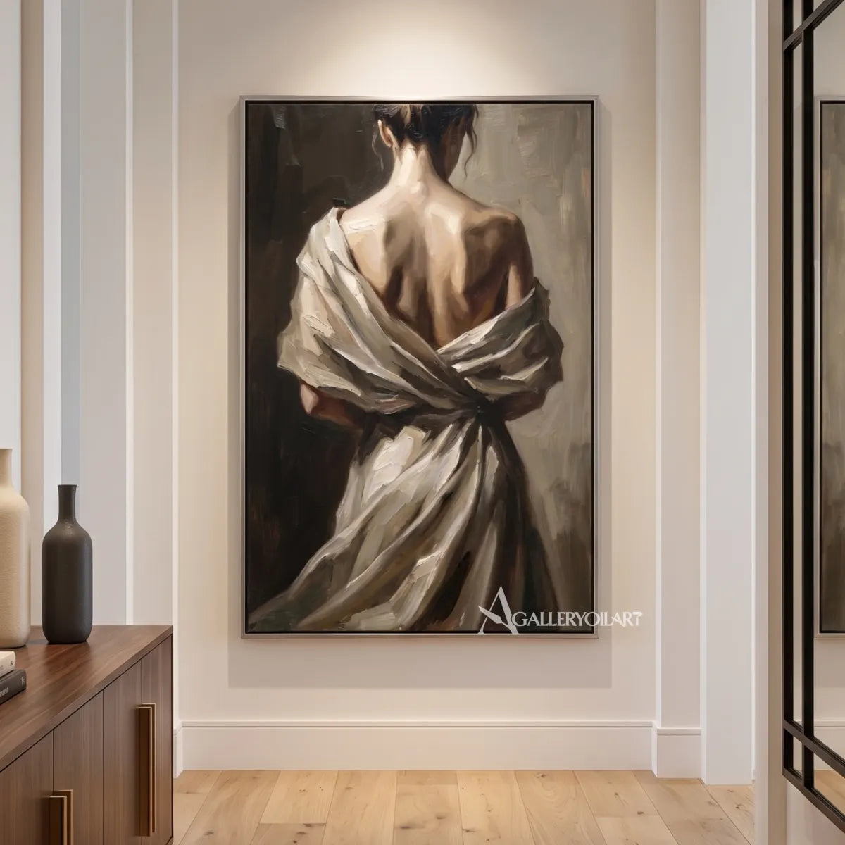 Woman-in-a-draped-light-wrap-portrait-art-beige-and-brown-transitional-corridor
