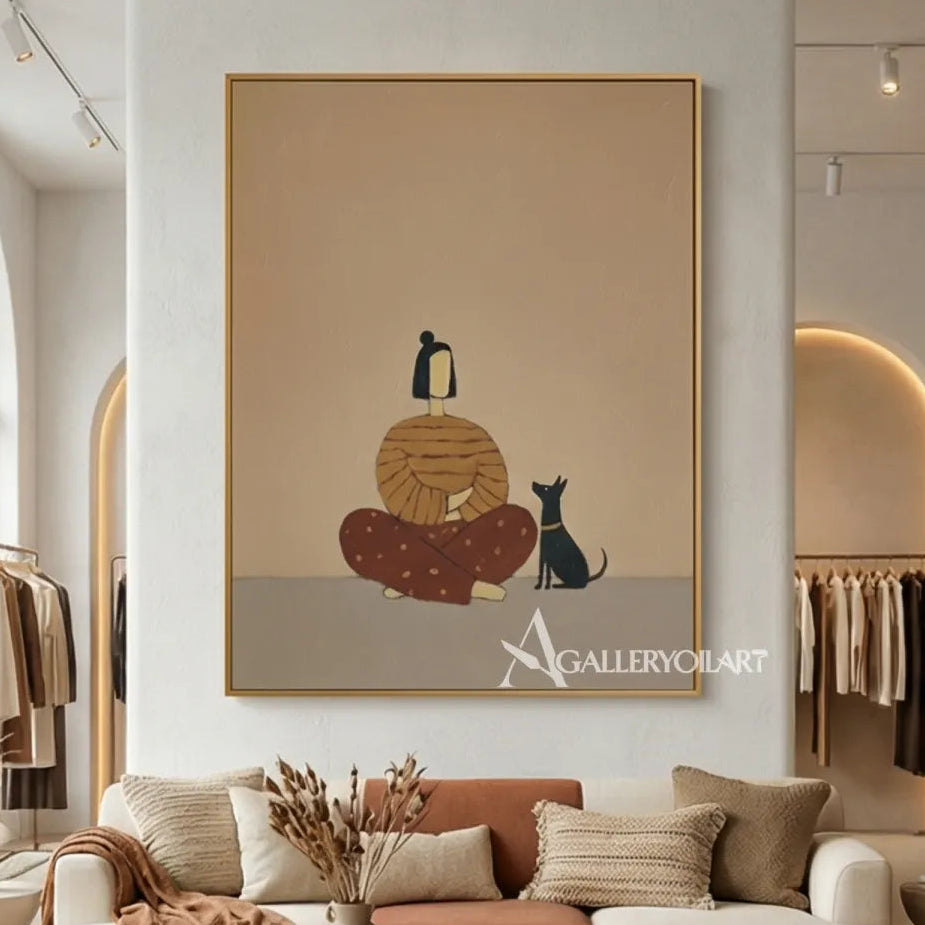 Woman-knitting-beside-a-black-cat-portrait-art-beige-and-brown-boutique-room