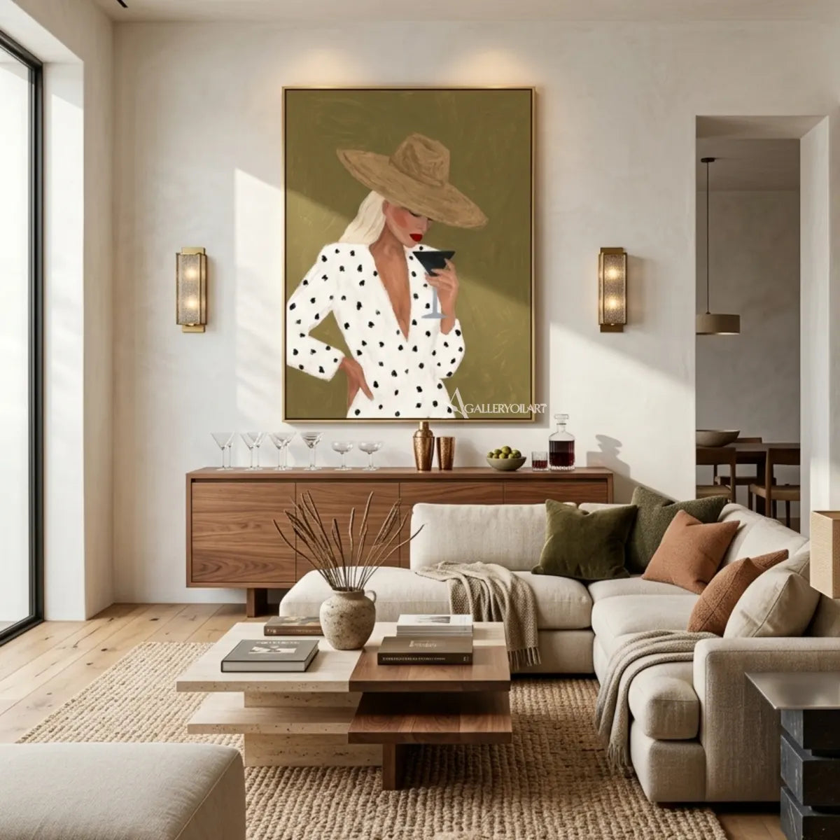 Woman-in-a-wide-hat-holding-a-glass-in-green-toned-portrait-art-displayed-in-a-contemporary-gathering-room