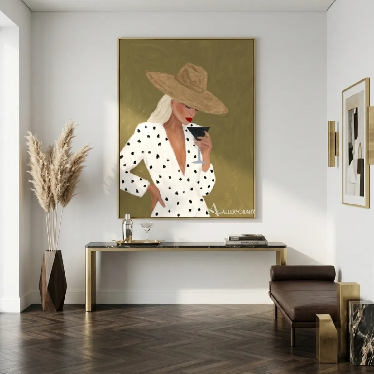 Woman-in-a-wide-hat-holding-a-glass-in-green-toned-portrait-art-displayed-in-a-modern-entryway