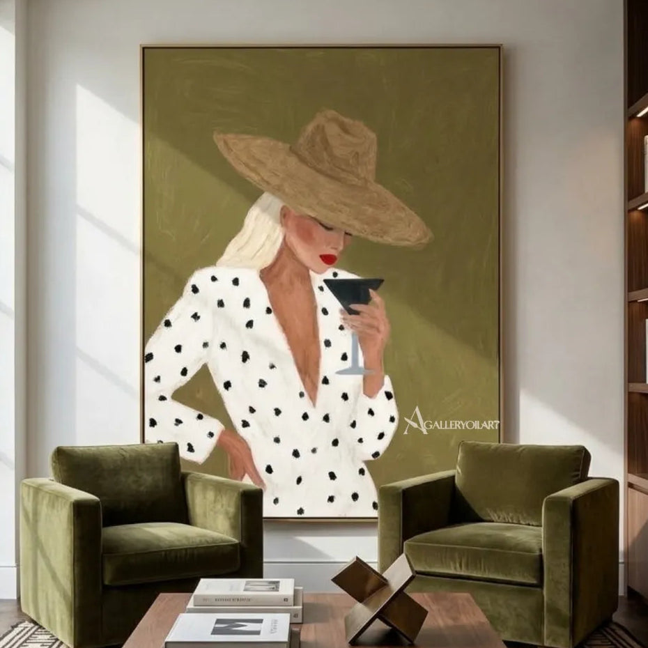 Woman-in-a-wide-hat-holding-a-glass-in-green-toned-portrait-art-displayed-in-a-private-reading-lounge