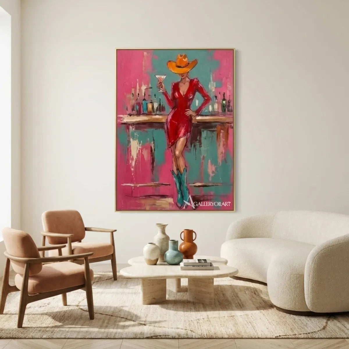 Pop Art-Red-and-turquoise-woman-wall-art-in-a-gallery
