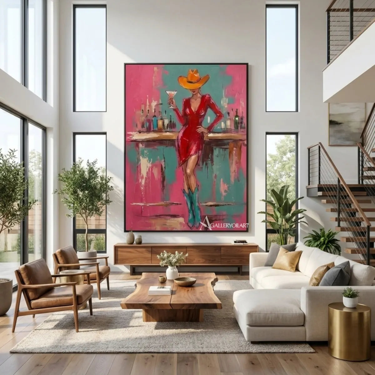 Pop Art-Red-and-turquoise-woman-wall-art-in-a-living-room