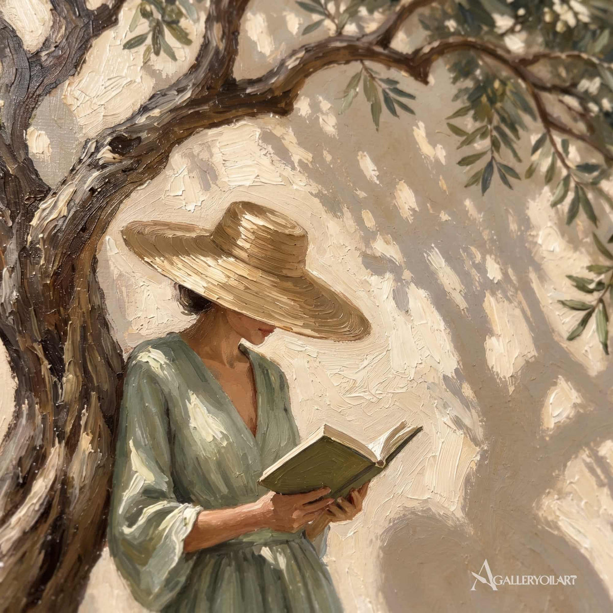 A close view of a woman reading beneath an olive tree in textured Portrait Art, with beige and sage green tones