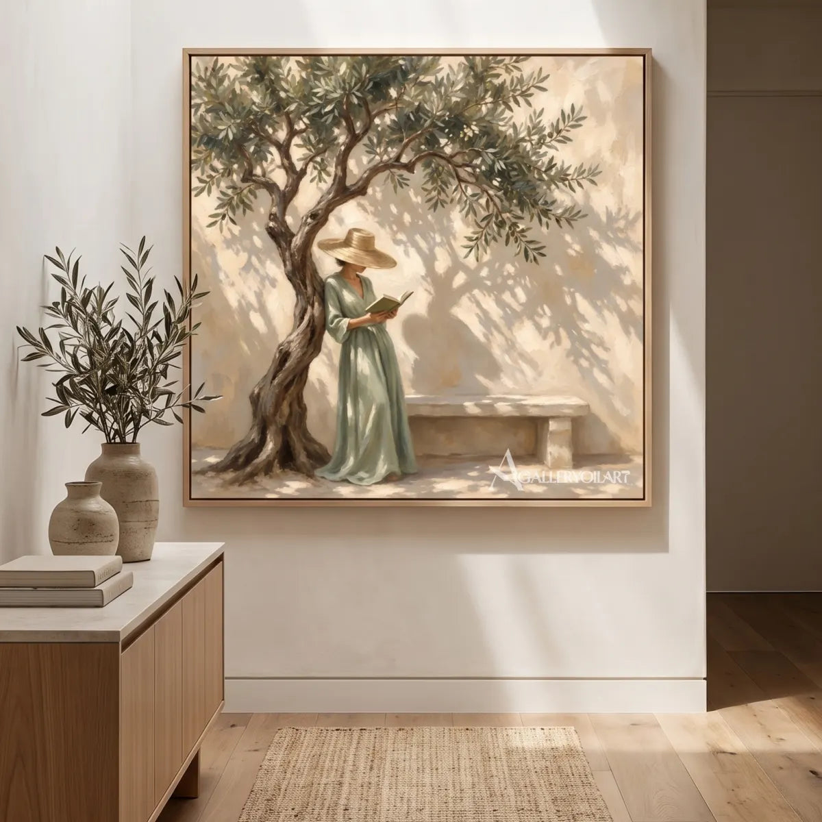 A woman reading under an olive tree in square Portrait Art beside a bright window, with beige and green tones
