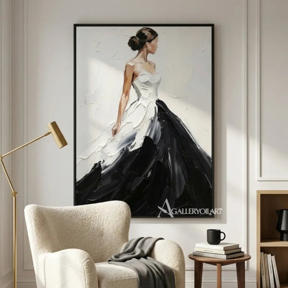 Woman-in-a-flowing-black-and-white-gown-in-portrait-art-displayed-in-a-contemporary-living-room