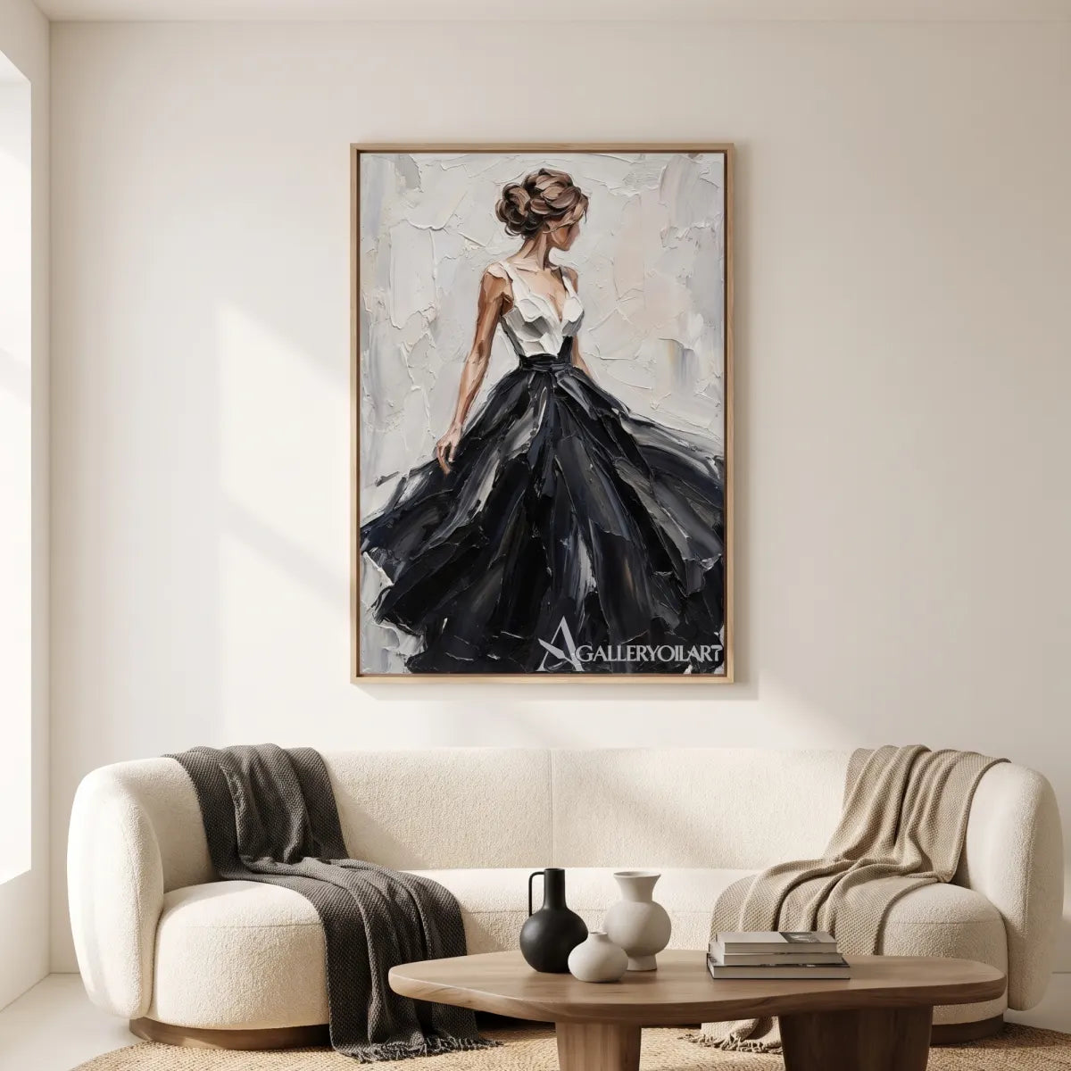 Woman-in-a-sweeping-black-gown-in-portrait-art-with-a-pale-impasto-ground-displayed-in-a-gallery-interior