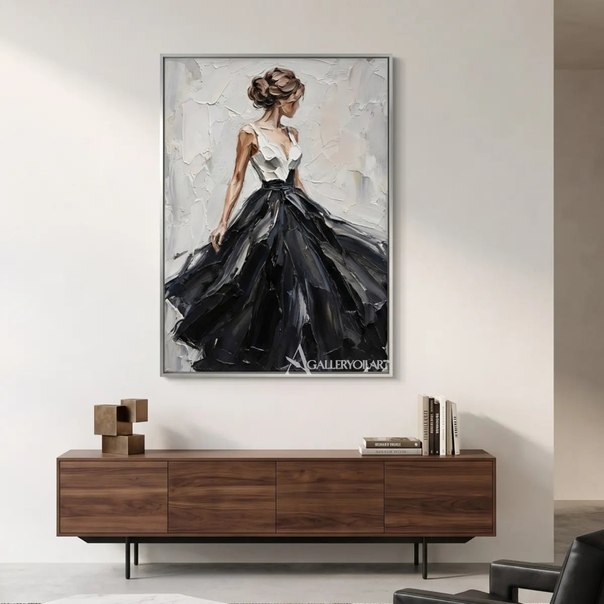 Woman-in-a-sweeping-black-gown-in-portrait-art-with-a-pale-impasto-ground-displayed-in-a-minimalist-interior