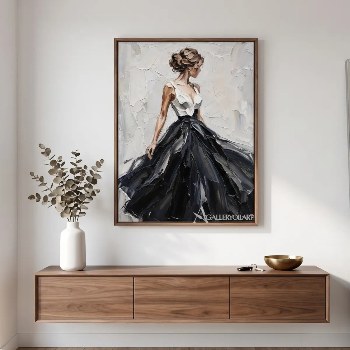 Woman-in-a-sweeping-black-gown-in-portrait-art-with-a-pale-impasto-ground-displayed-in-a-modern-entryway