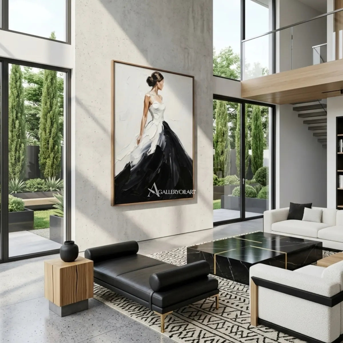 Woman-in-a-flowing-black-and-white-gown-in-portrait-art-displayed-in-a-modern-living-room