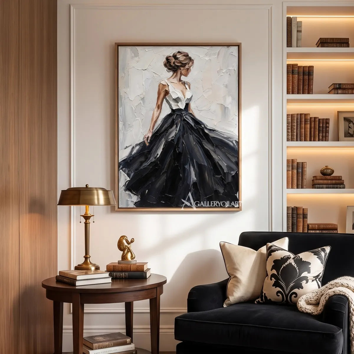 Woman-in-a-sweeping-black-gown-in-portrait-art-with-a-pale-impasto-ground-displayed-in-a-private-reading-lounge