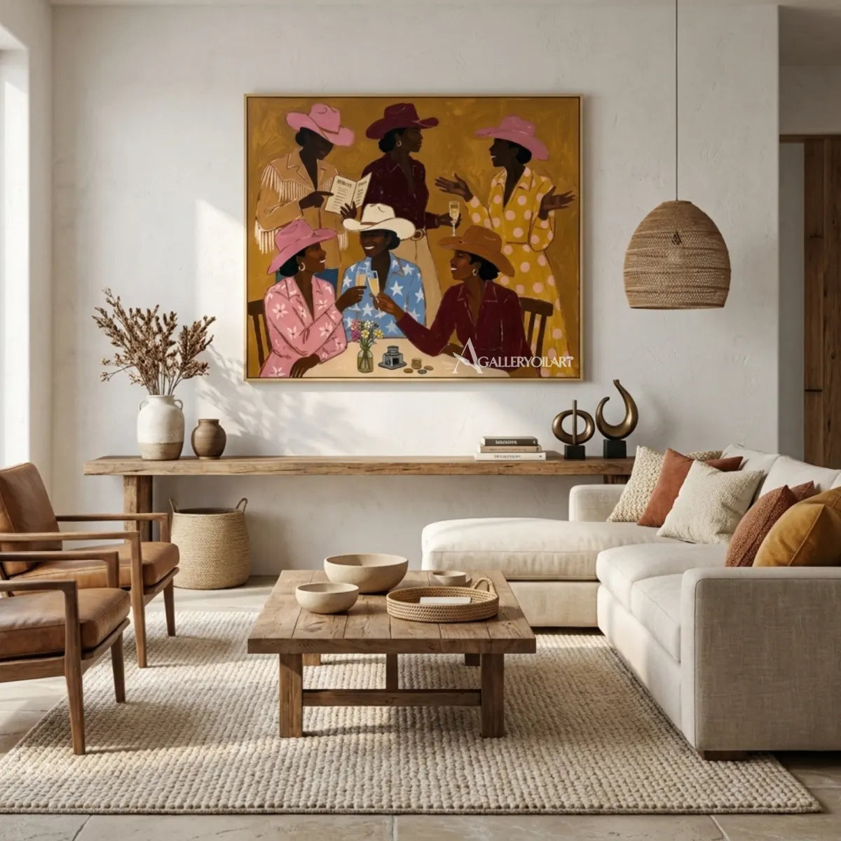 Woman-with-flowing-fabric-across-her-face-in-blue-toned-portrait-art-displayed-in-a-contemporary-gathering-room