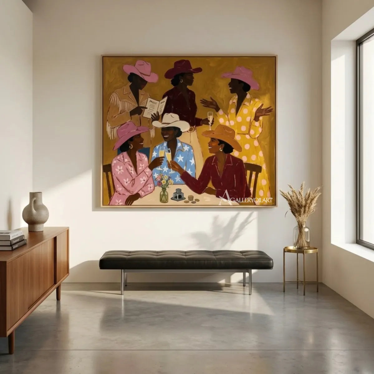 Woman-with-flowing-fabric-across-her-face-in-blue-toned-portrait-art-displayed-in-a-minimalist-interior