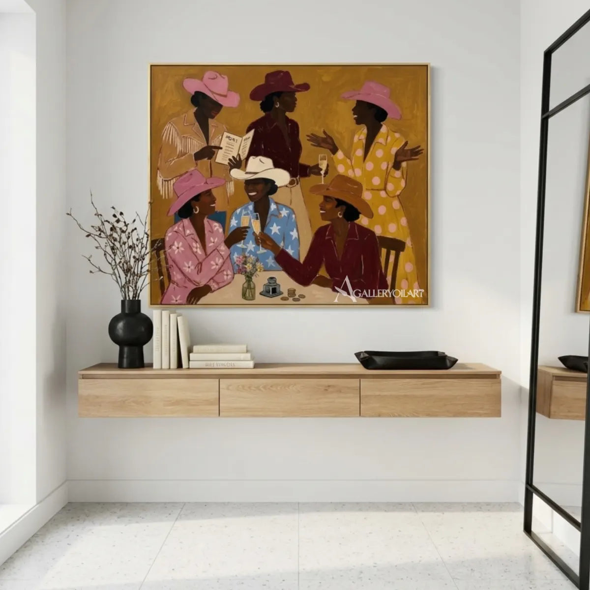 Woman-with-flowing-fabric-across-her-face-in-blue-toned-portrait-art-displayed-in-a-modern-entryway