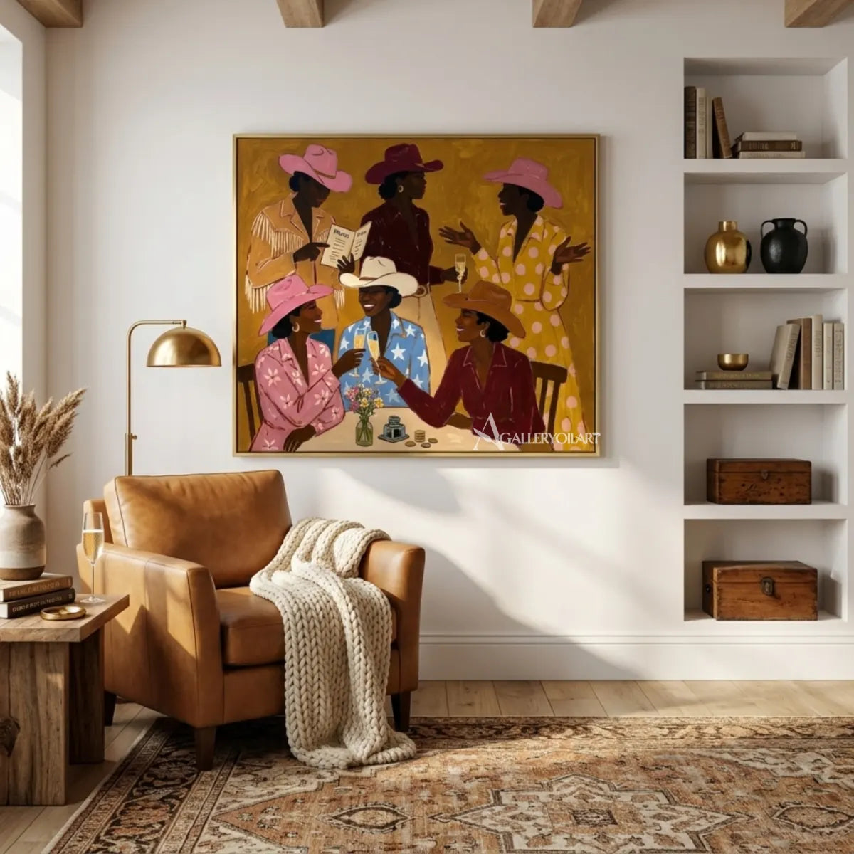 Woman-with-flowing-fabric-across-her-face-in-blue-toned-portrait-art-displayed-in-a-private-reading-lounge