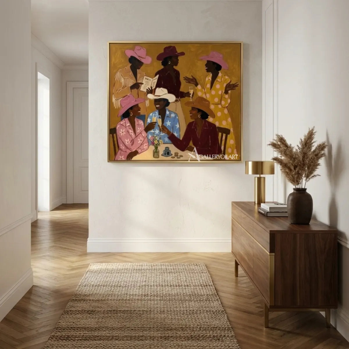 Woman-with-flowing-fabric-across-her-face-in-blue-toned-portrait-art-displayed-in-a-transitional-interior