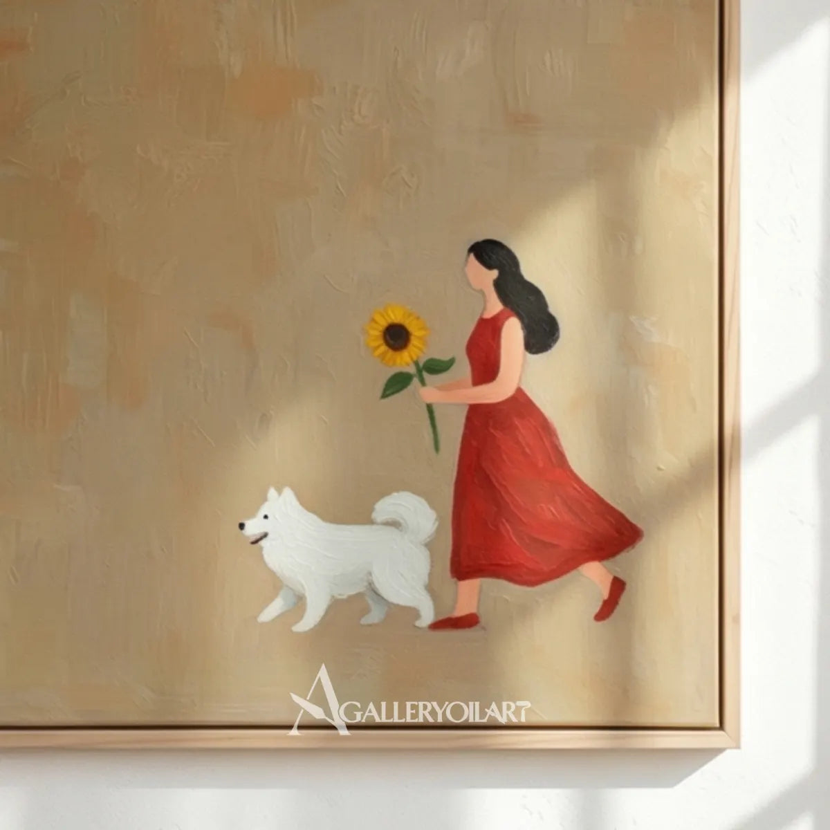 woman walking a white dog beside a sunflower, portrait art in a bright living room