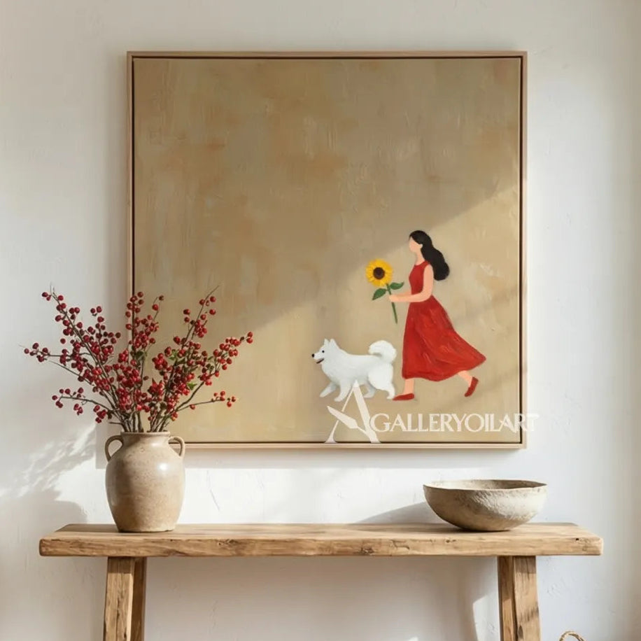 woman walking a white dog beside a sunflower, portrait art in a warm beige scene