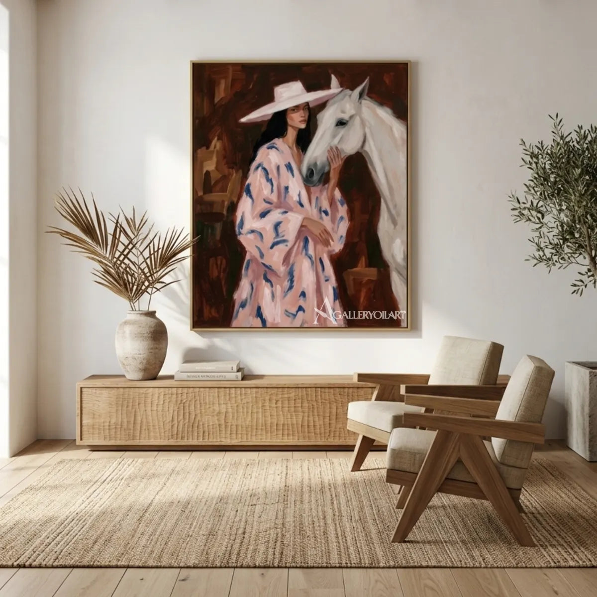 Woman-in-a-wide-hat-beside-a-white-horse-with-pink-and-blue-brushwork-in-bright-living-room
