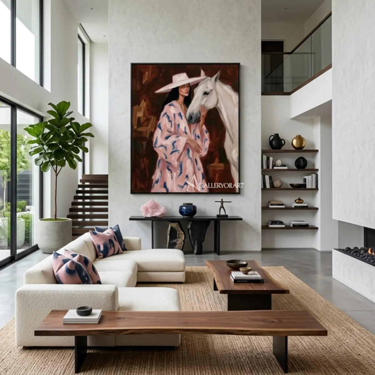 Woman-in-a-wide-hat-beside-a-white-horse-with-pink-and-blue-brushwork-in-contemporary-interior