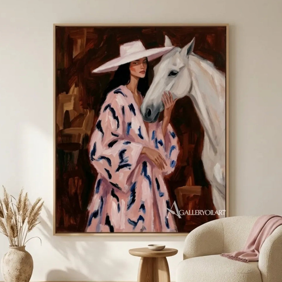 Woman-in-a-wide-hat-beside-a-white-horse-with-pink-and-blue-brushwork-in-gallery-room