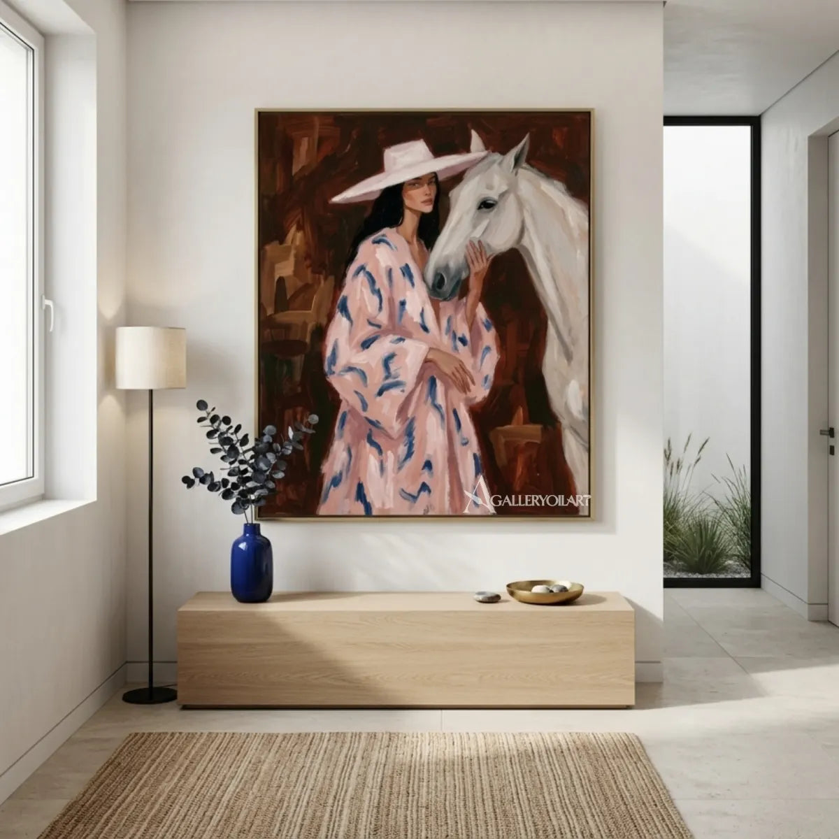 Woman-in-a-wide-hat-beside-a-white-horse-with-pink-and-blue-brushwork-in-modern-entryway