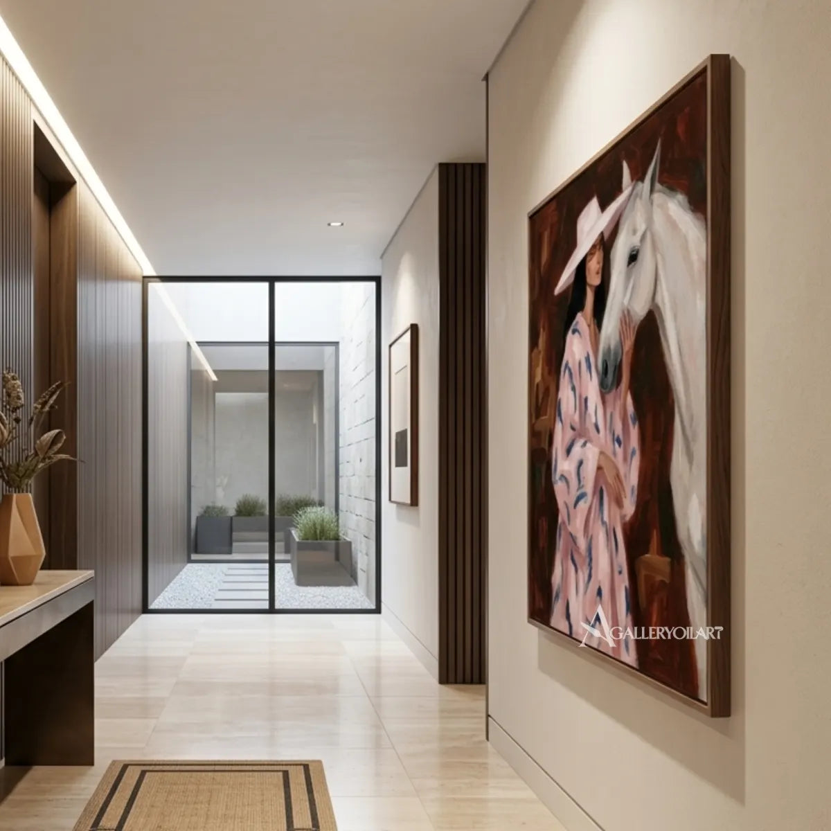 Woman-in-a-wide-hat-beside-a-white-horse-with-pink-and-blue-brushwork-in-transitional-hall