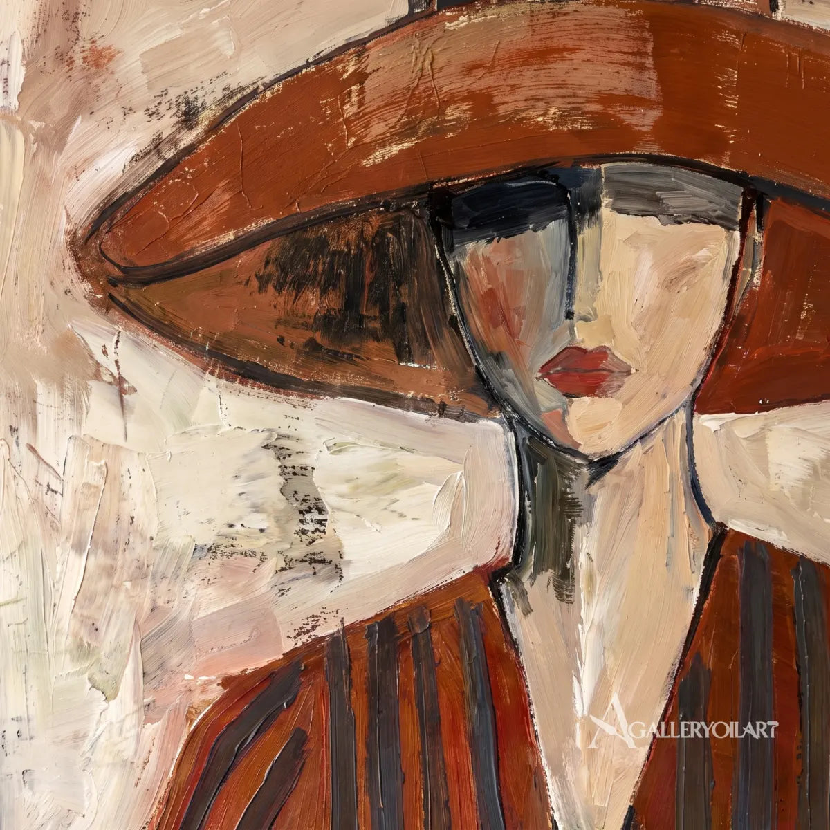 portrait-art-painting-of-a-woman-in-a-wide-brimmed-hat-and-striped-blouse-in-rust-brown-and-cream-in-a-close-up