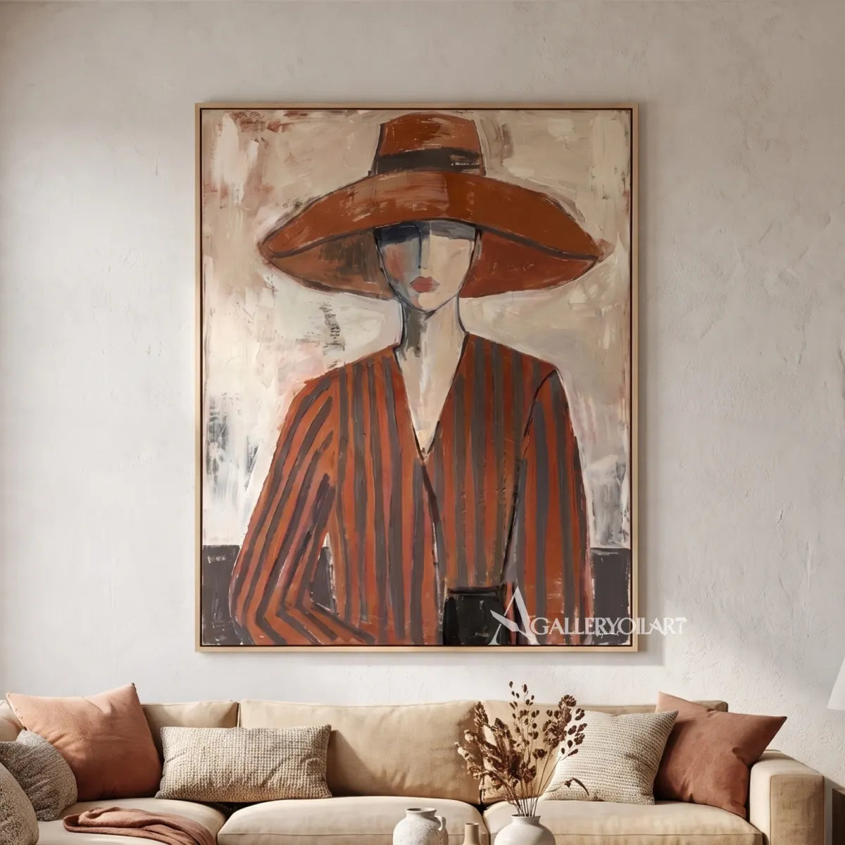 portrait-art-painting-of-a-woman-in-a-wide-brimmed-hat-and-striped-blouse-in-rust-brown-and-cream-in-a-contemporary-living-room