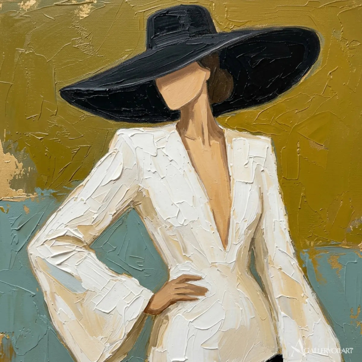 Woman-in-white-suit-and-wide-black-hat-portrait-art-yellow-and-teal-painted-detail