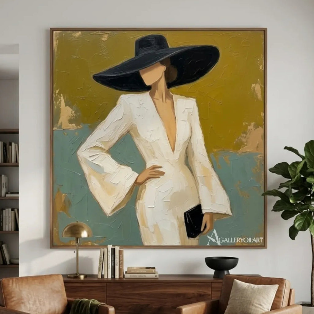 Woman-in-white-suit-and-wide-black-hat-portrait-art-yellow-and-teal-private-lounge