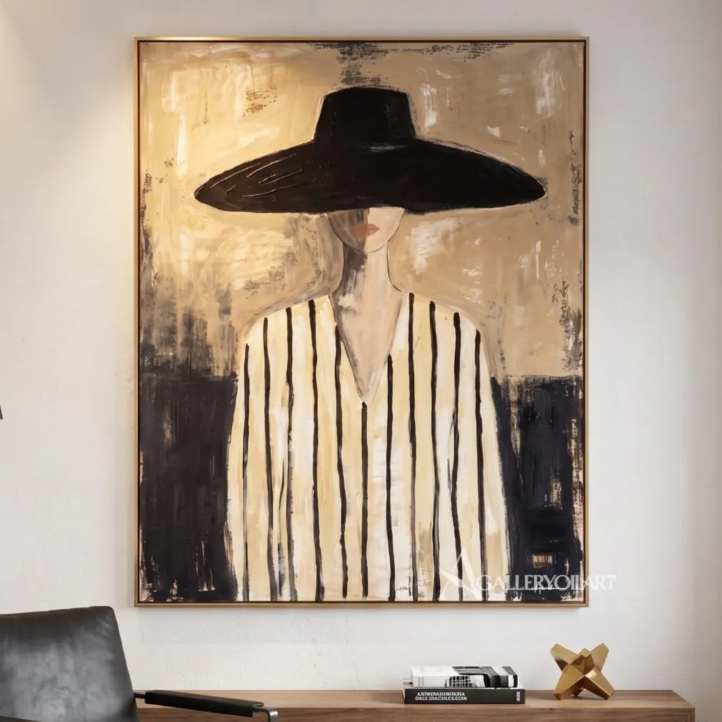 Woman-in-wide-black-hat-and-striped-top-portrait-art-beige-and-black-architectural-interior