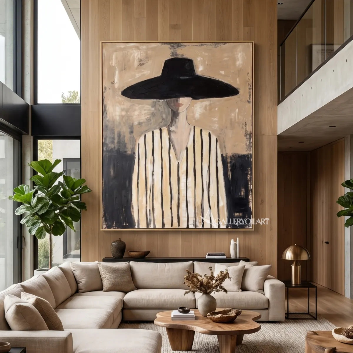 Woman-in-wide-black-hat-and-striped-top-portrait-art-beige-and-black-living-room