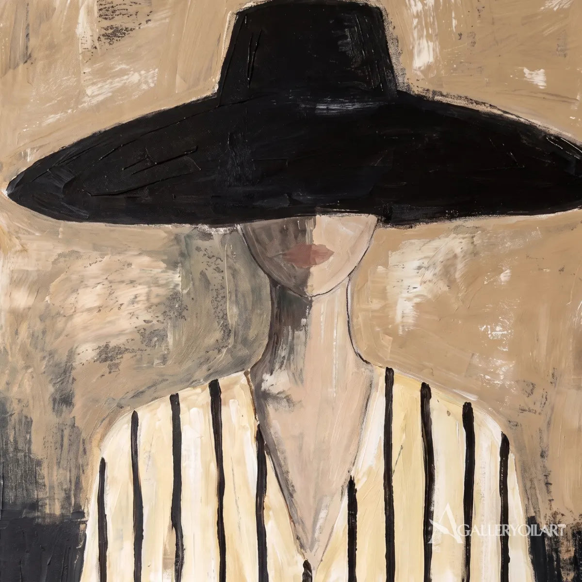 Woman-in-wide-black-hat-and-striped-top-portrait-art-beige-and-black-painted-detail
