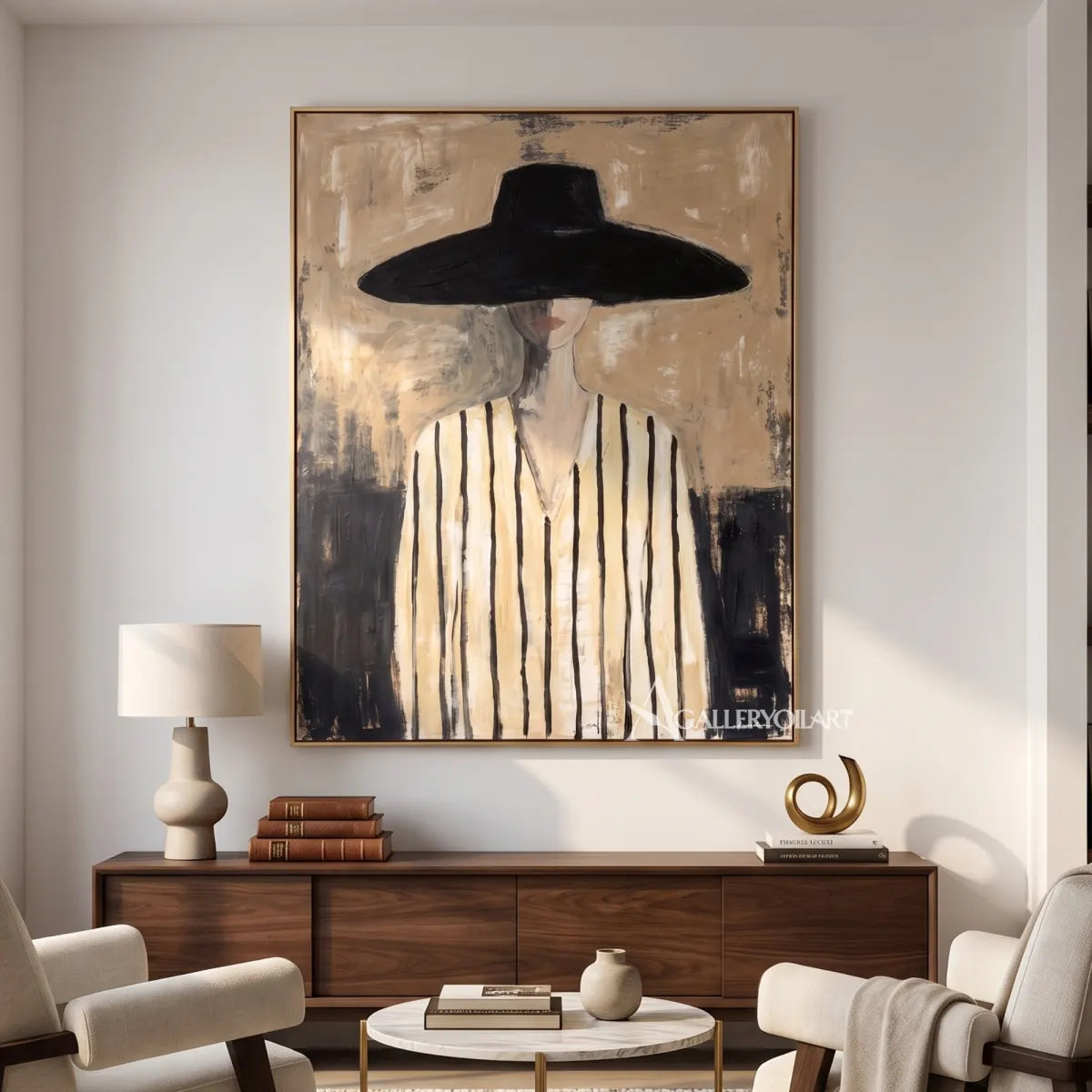 Woman-in-wide-black-hat-and-striped-top-portrait-art-beige-and-black-reading-lounge