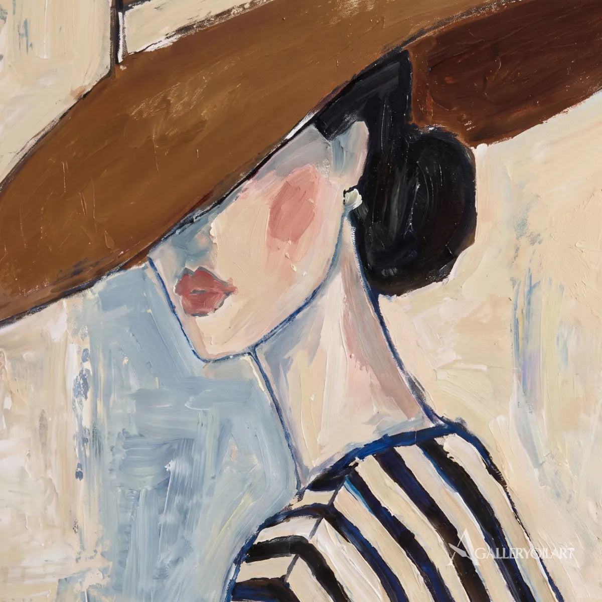 Close-up-of-a-woman-in-a-brown-hat-and-blue-striped-clothing-with-visible-brushstrokes-in-a-portrait-painting