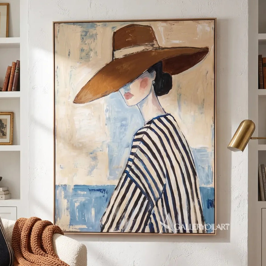 Portrait-of-a-woman-in-a-large-brown-hat-and-striped-top-in-a-blue-toned-painting-in-a-private-lounge
