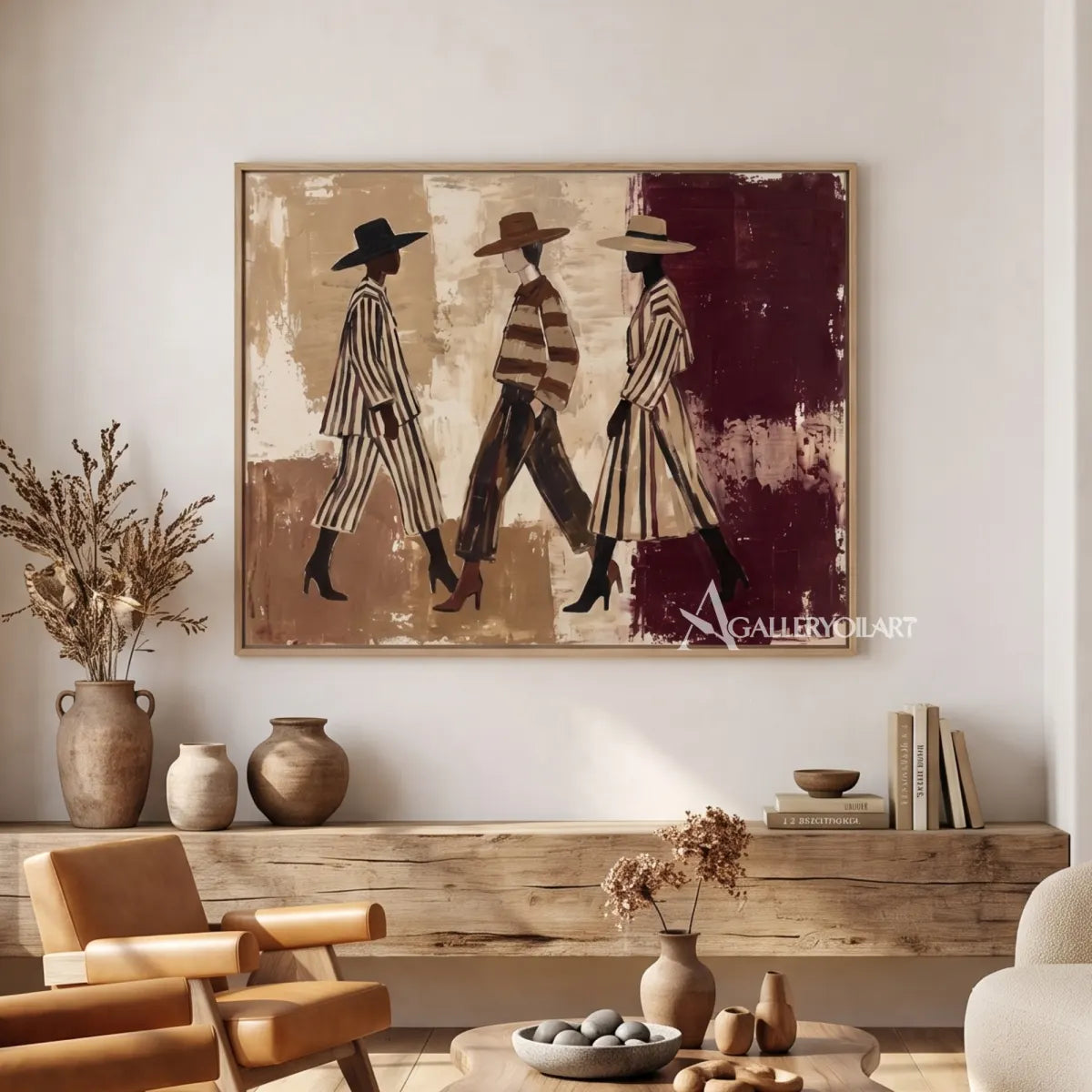 Woman-in-a-broad-hat-and-striped-outfit-portrait-art-with-beige-tones-in-a-gathering-room