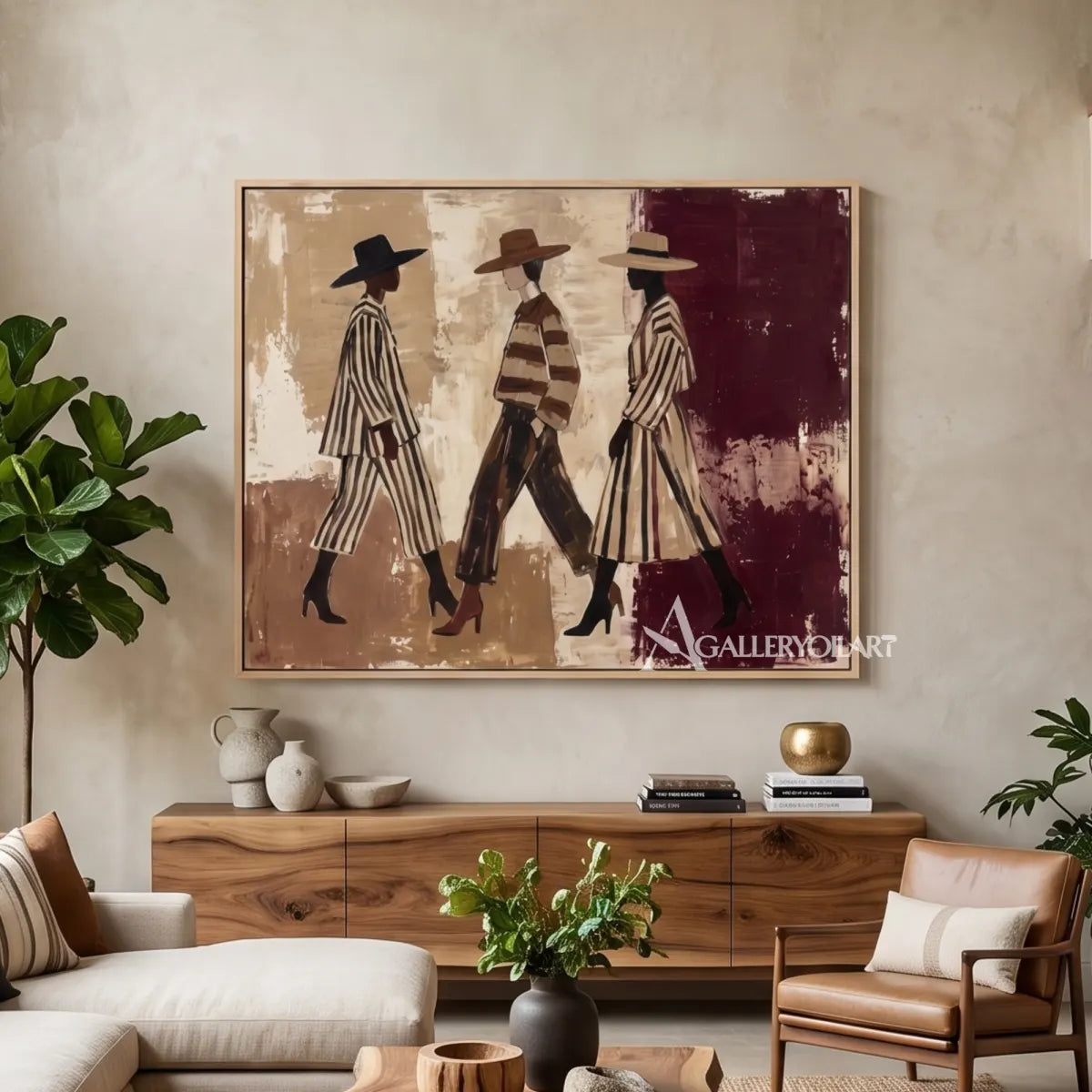Woman-in-a-broad-hat-and-striped-outfit-portrait-art-with-beige-tones-in-a-living-room
