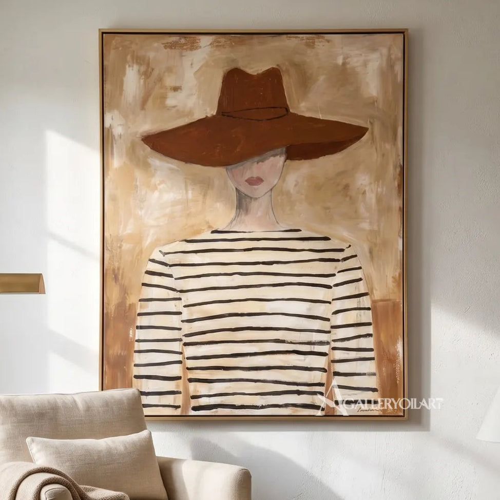 Woman-in-a-wide-rust-hat-and-striped-shirt-in-beige-portrait-art-private-lounge