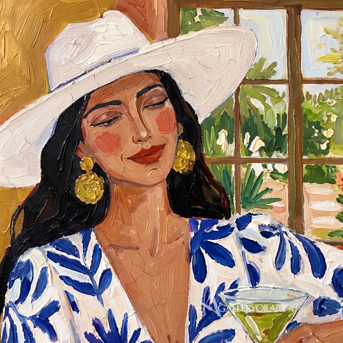 Woman-in-a-wide-hat-holding-a-glass-in-blue-accented-portrait-art-displayed-in-a-painted-detail-close-up